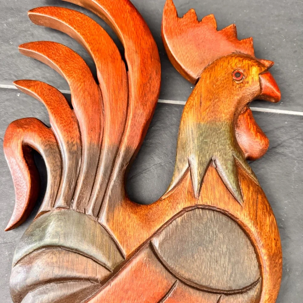 Hand Carved Wooden‎ Rooster Wall Decor Coat Rack, Rustic Farmhouse Decor